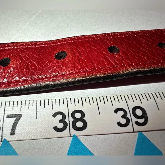 VTG Red Genuine Leather Fossil Brass Buckle Belt Size L 36-40” - Picture 16 of 16
